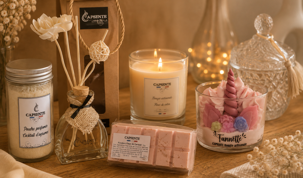 Capsente créations, bougie, cire, parfum d'intérieur, poudre parfumée